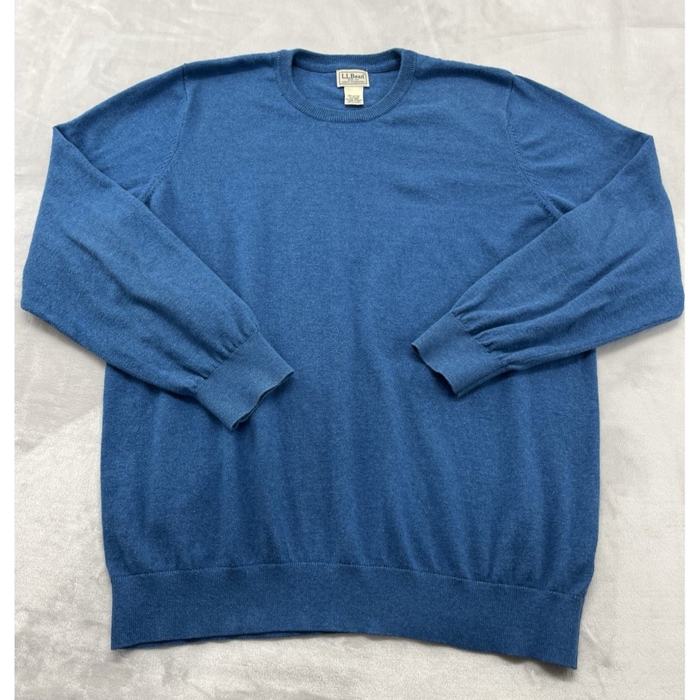 LL Bean Sweater Men 2XL Blue Cotton Cashmere Blend Knit Crewneck Pullover